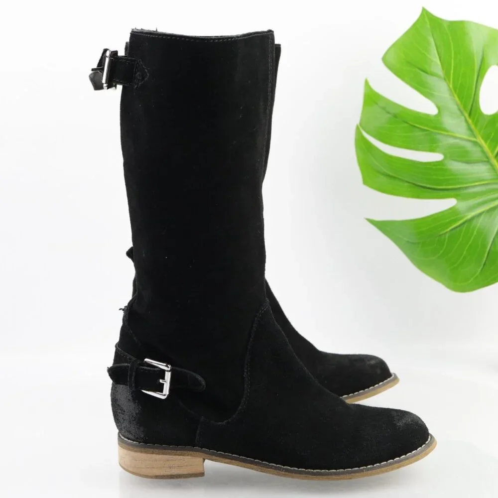 Kelsi Dagger Womens Tassie Boots Size 7.5 Black Suede Slouch Pull On Moto Buckle